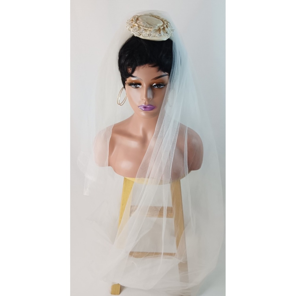 Vintage bridal wedding Tulle net beaded head piece layered long Veil 122.5" long - Picture 8 of 11